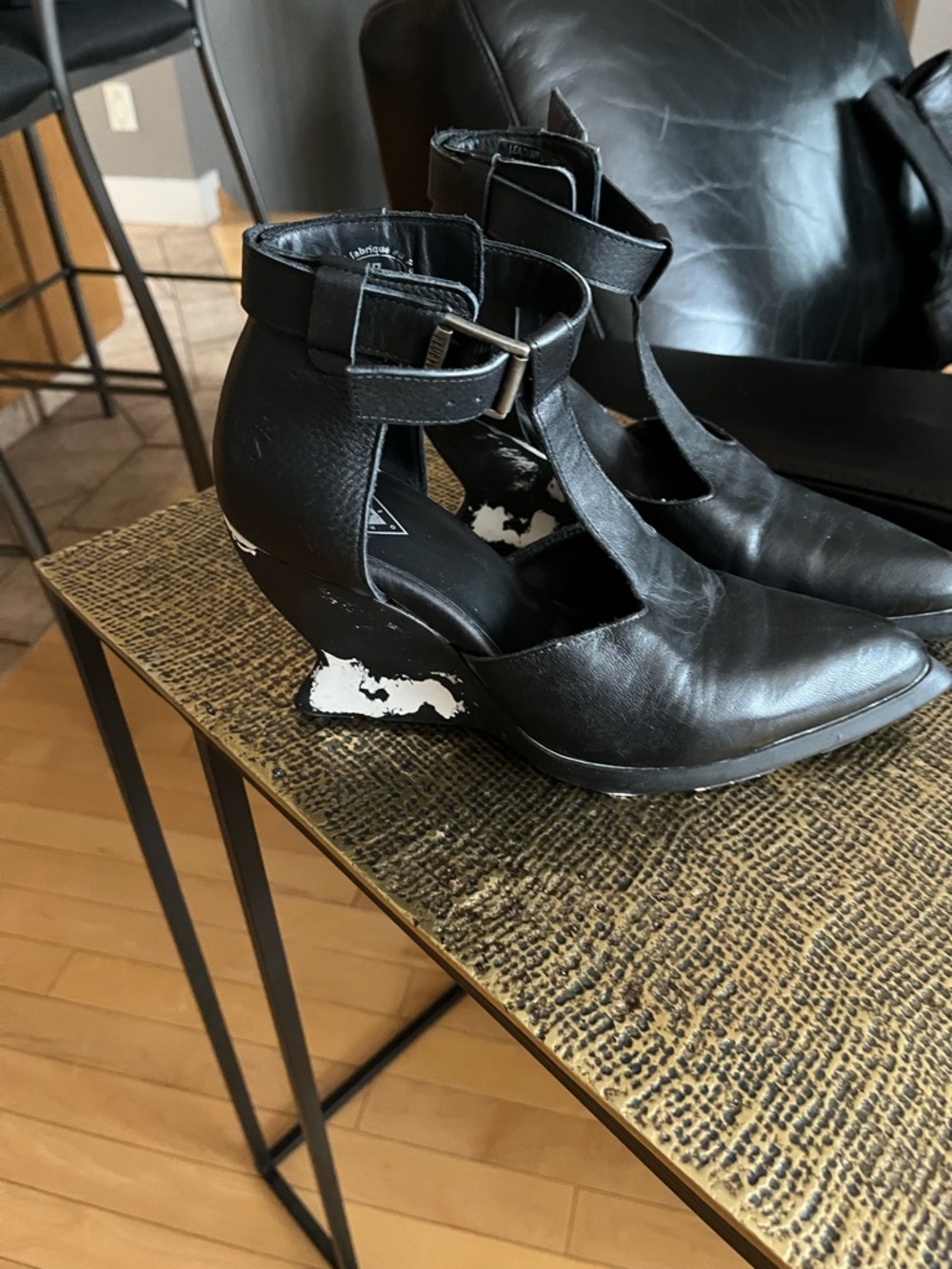 John Fluevog Black Ankle-Strap Cutout Wedge Heels